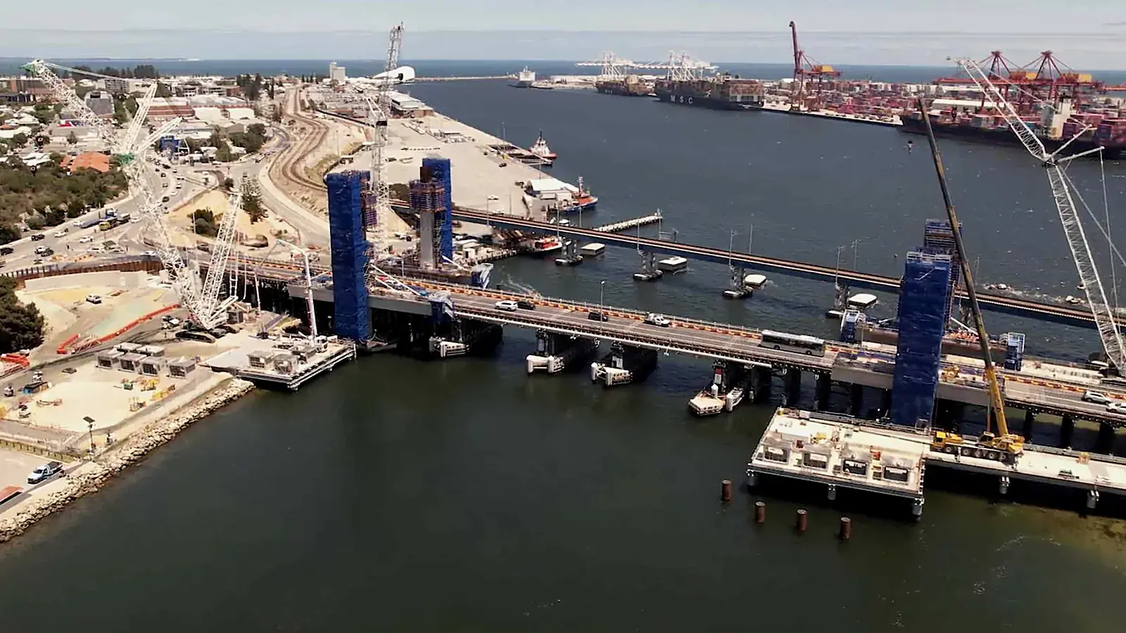 Fremantle Traffic Bridge construction across the Swan River, Western Australia